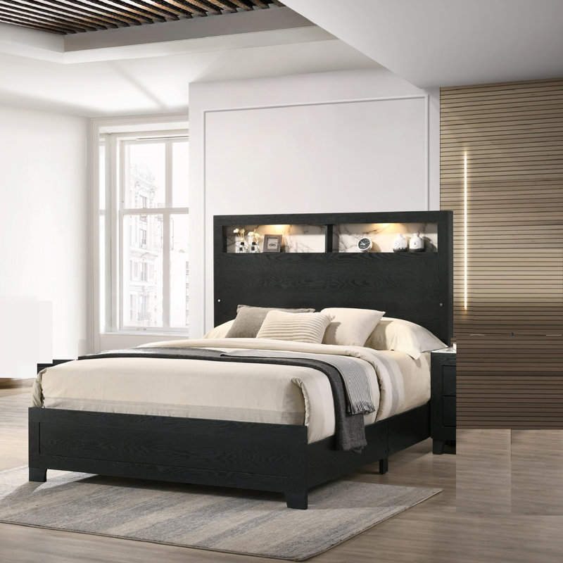 Tête de lit à panneau 1pc avec espace de rangement supplémentaire incliné à DEL, Très grand lit