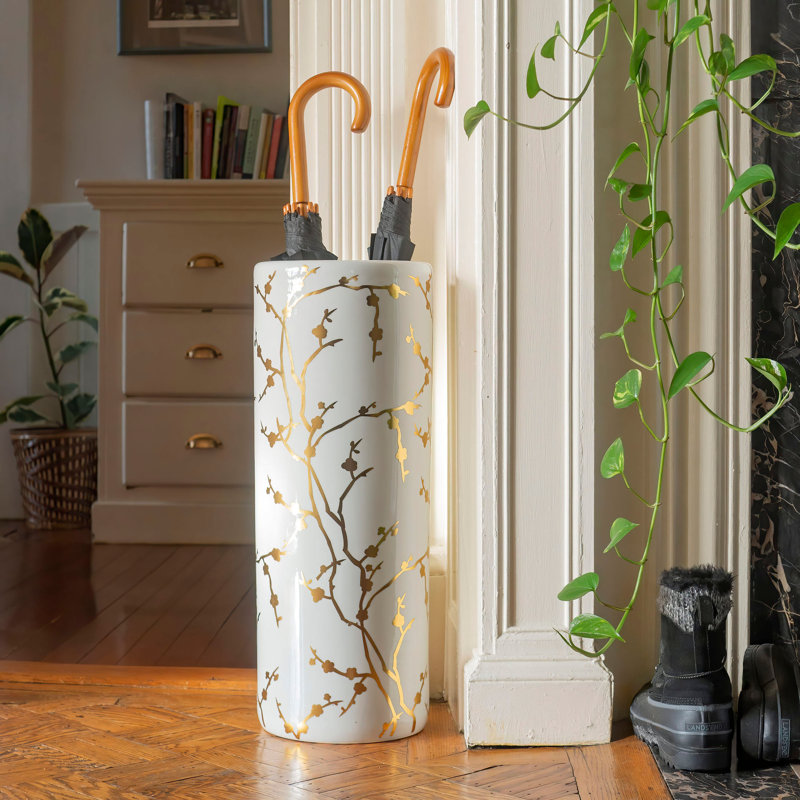 24" Abstract Green & Gold Umbrella Stand, Gold Branches