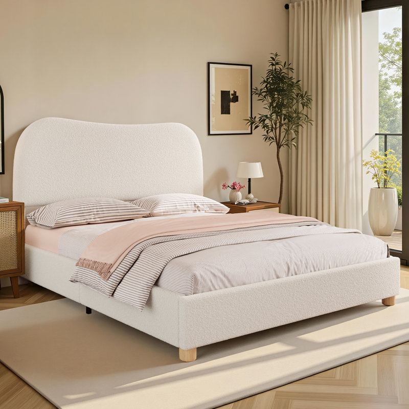 Lit plateforme tapissier Boucle avec tête de lit incurvée et coins arrondis, Crème, Grand