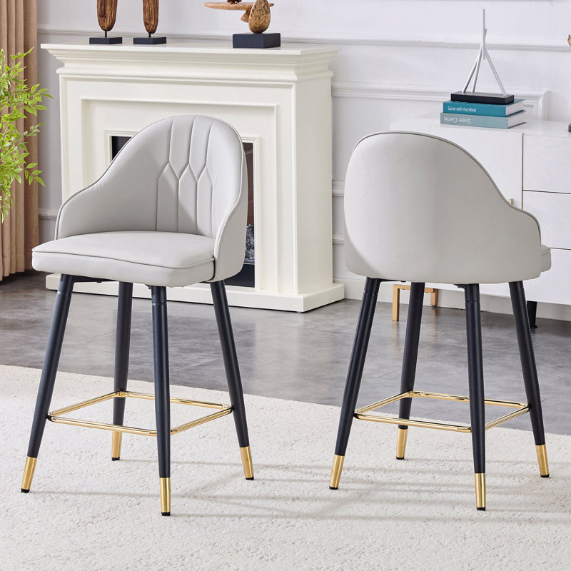 2-Piece Set Light Gray PU Bar Stools: 37.7" High, 25" Seat Height, Gold Accent Footrest Ideal for Kitchen Island Home Bar & Dining Area Available in Black White & Dark Gray Splicing Colors.
