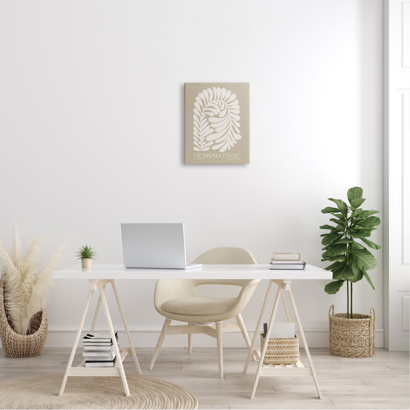 «Neutral Tones Botanical Leaf Motif Matisse Text» par Ros Ruseva - impression, Toile tendue, L 16 po x H 16 po