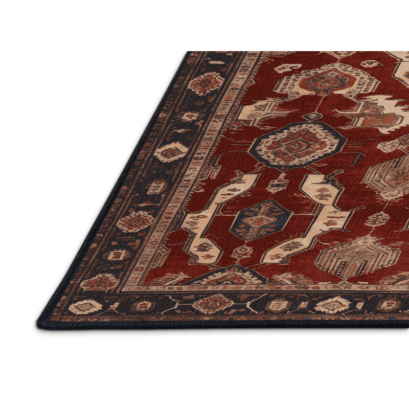 Machine Washable Persian Black Area Rug, Round 7'