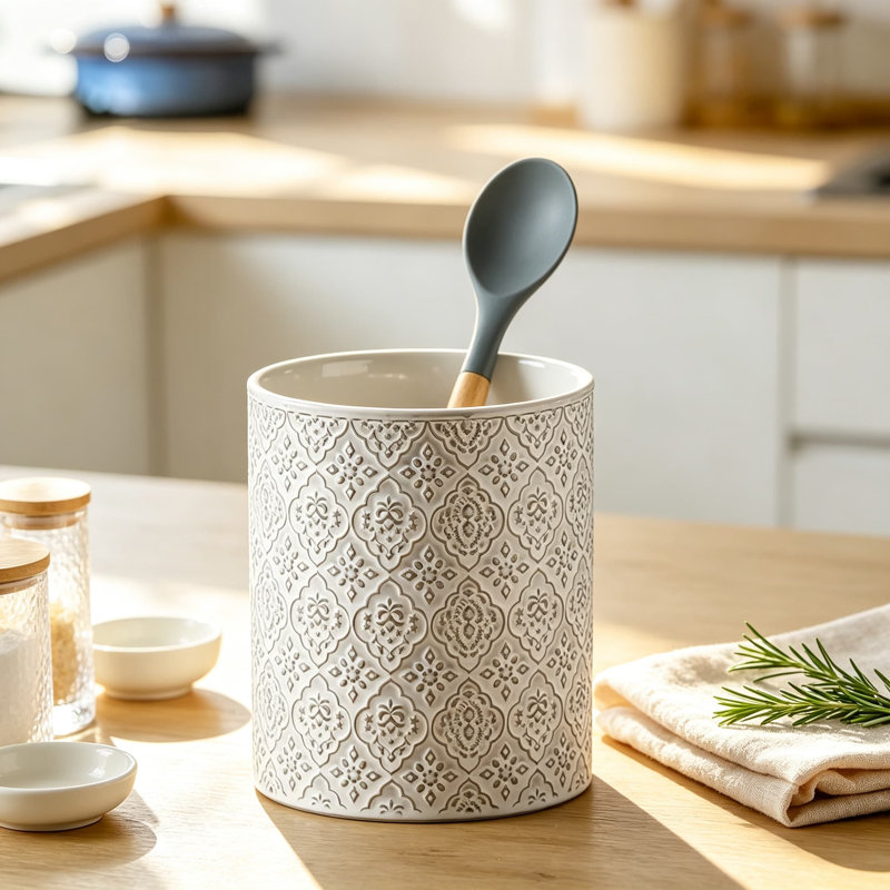 Porte-ustensiles de cuisine, grand pot à ustensiles en céramique pour comptoir, motif en relief, finition blanche réactive, organisateur profond et stable pour les ustensiles de cuisine, va au lave-vaisselle