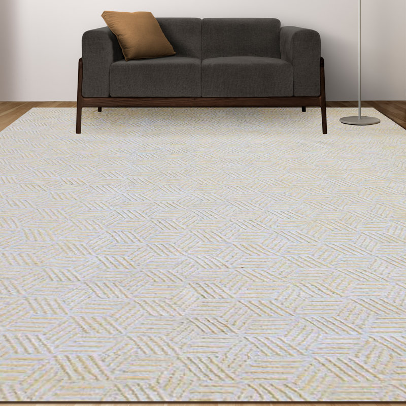 Tapis blanc en laine noué à la main, Rectangle 6 pi x 9 pi