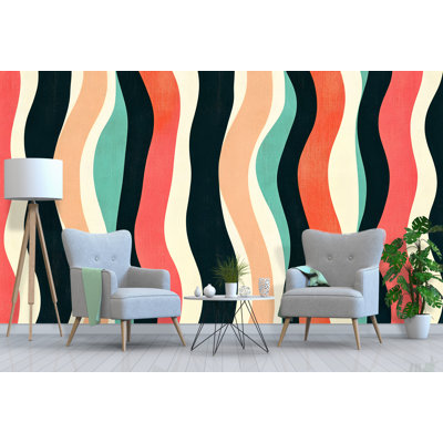 Papier peint rétro à rayures ondulées - Murale colorée audacieuse