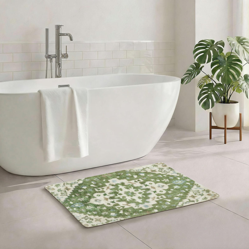 Tapis de salle de bain vert rétro à motif floral antidérapant pour salle de bain et entrée, 20 x 32 po, tapis absorbant doux et moelleux