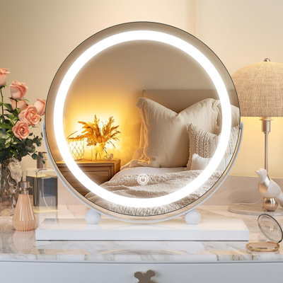 Vanity Mirror with Lights,  LED Makeup Mirror, Lighted Makeup Mirrors with with Smart Touch Control, 3 Colors Dimmable Round Mirror 360° Rotation White Round