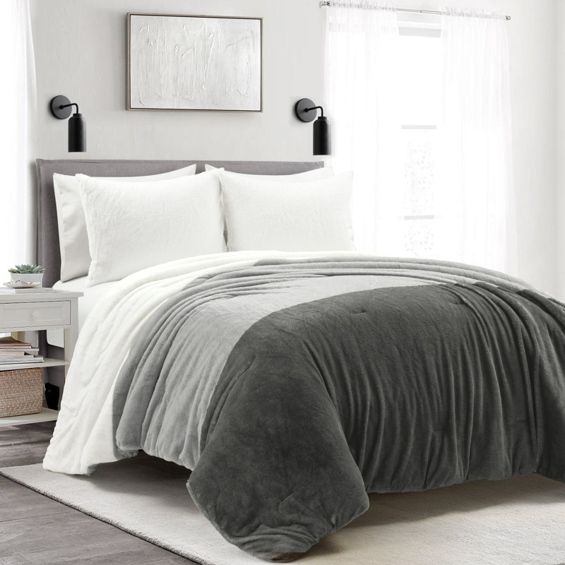 Farmhouse Color Block Faux Fur Microfiber 3 Piece Comforter Set, Light Gray, King