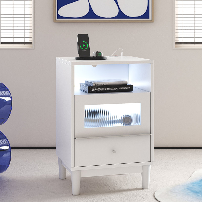 White Bedside Table With Charging Station & Led Lights, Nightstand With Tempered Glass Drawers – Stylish Night Stand For Bedroom, Living Room, Kids Room