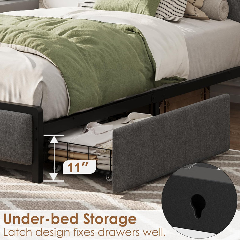 Bed Frame with 2 Storage Drawers and Charging Station, Twin XL