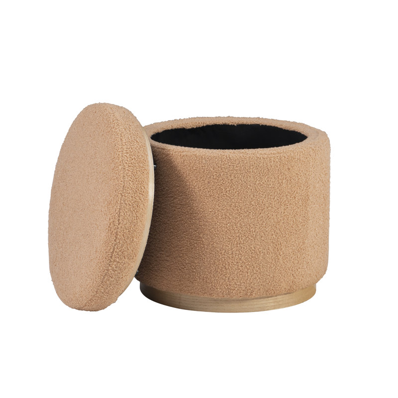 Thurleigh Round Sherpa Ottoman with Storage, Tan Performance Sherpa