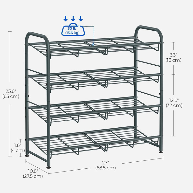 4 Tier Metal Shoe Rack with Adjustable Tilt Angle, Suitable for Front Door, Entrance, Garage, Grey
