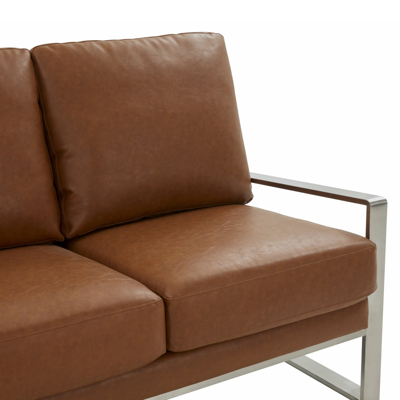 Canapé en cuir pour trois personnes avec structure en acier inoxydable chromé, Similicuir brun clair cognac