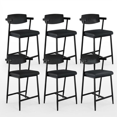 Ensemble de 6 tabourets de bar 26 po à hauteur de comptoir avec dossier en bois et siège rembourré, tabourets de bar à structure en métal avec accoudoirs et repose-pieds