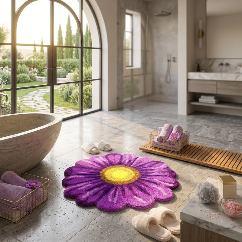 Plush Purple Floral Bath Mat - Non-Slip, Absorbent Microfiber Comfort