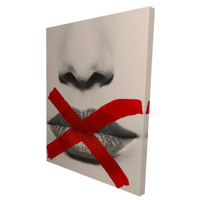 Grayscale Lips with Red X - Sepia Figurative Canvas Art