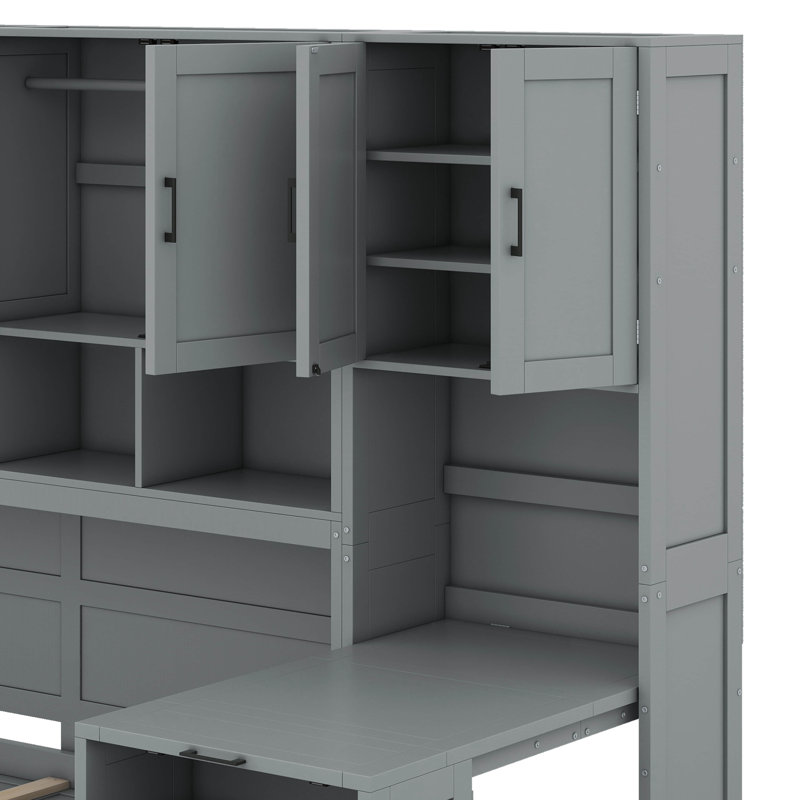 Lit escamotable simple avec placard, tiroirs et bureau, gris