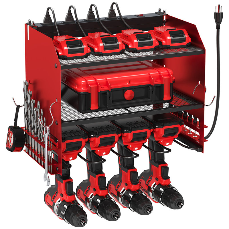  Support mural pour outils électriques avec station de charge, 4 supports de perceuse et multiprise à 8 prises
