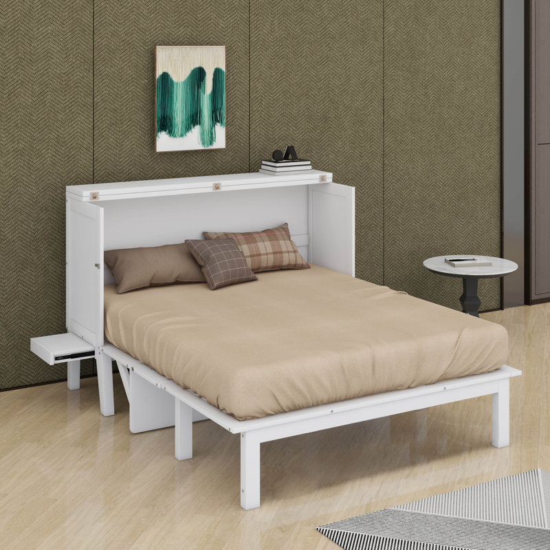 Grand lit escamotable avec port USB et tablettes amovibles, Blanc