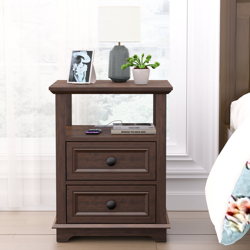 Cherry MDF End Table Set with Storage and Built-In Outlets