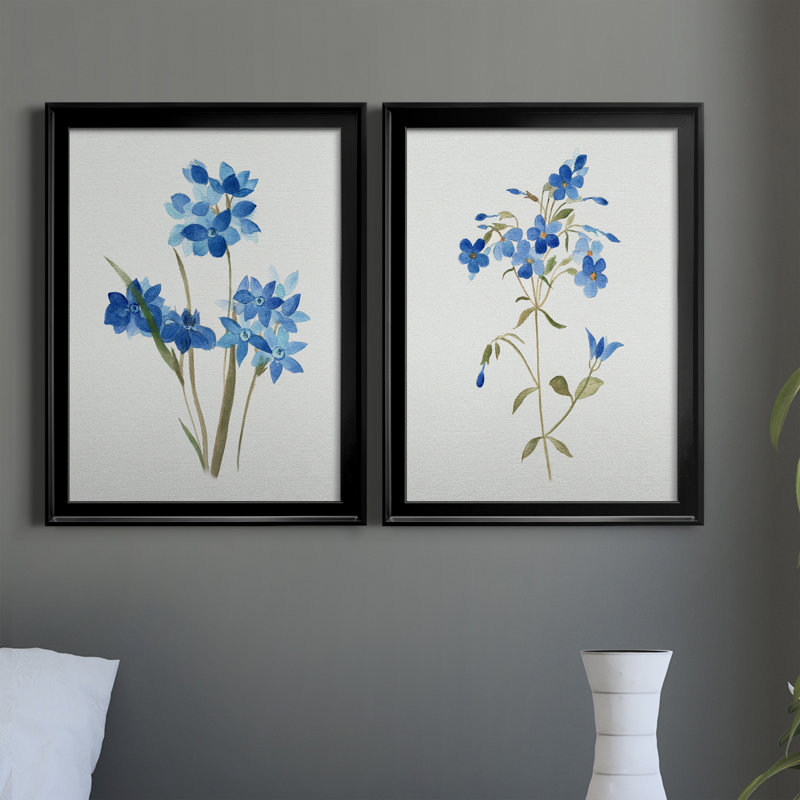 «Blue Blossom Botanical I», ensemble de 2 peintures sur toiles, H 18,5 po x l 49 po x P 1,5 po, Toile encadrée noire