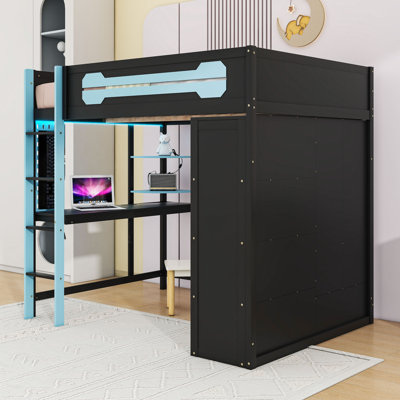 Full Wooden Loft Bed With Wardrobe, LED Strips, USB Ports And Desk