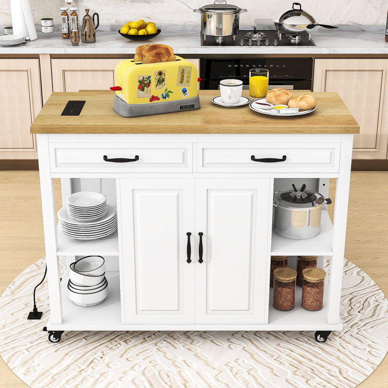 Chariot d'îlot de cuisine mobile extensible avec station de charge intégrée et rangement interne, Blanc