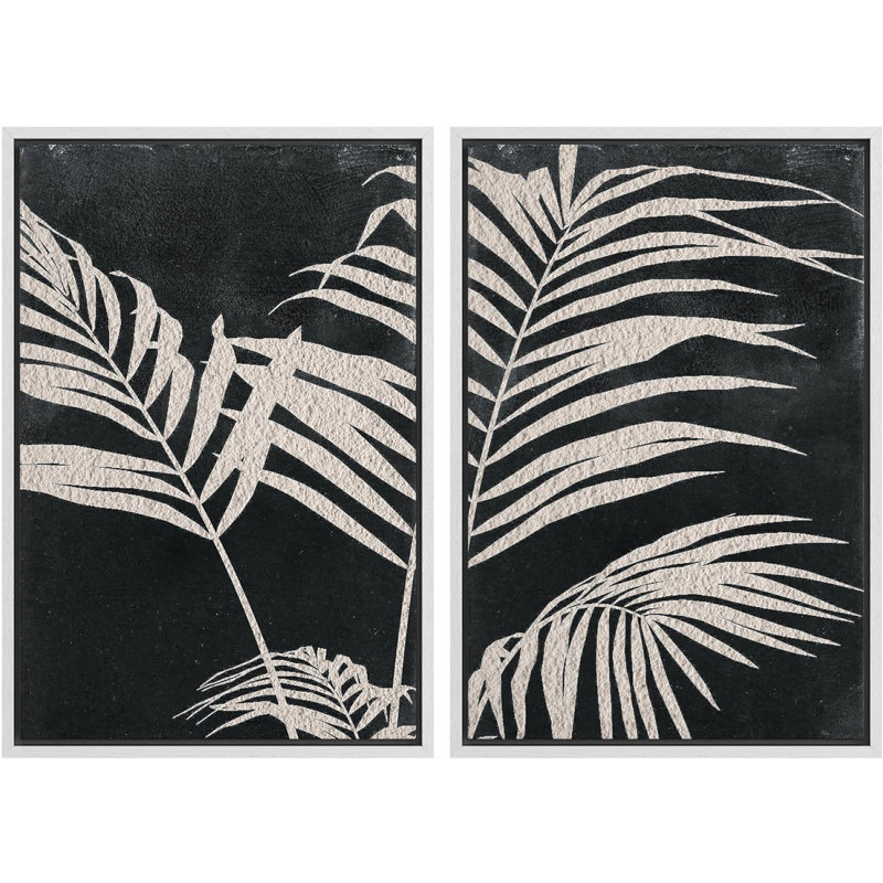 Art mural minimaliste noir sur feuille de palmier noir, impression neutre sur toile encadrée, 2 pièces, Blanc
