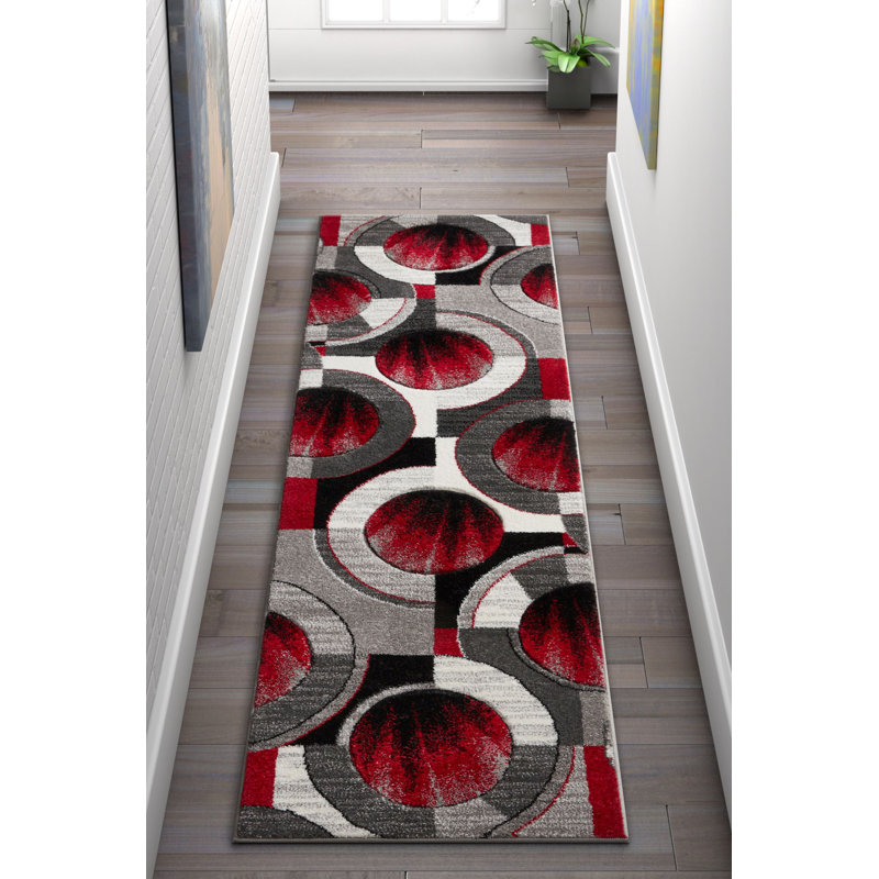 Tapis à motif géométrique, Tapis de couloir de 2 pi x 7 pi, Rouge