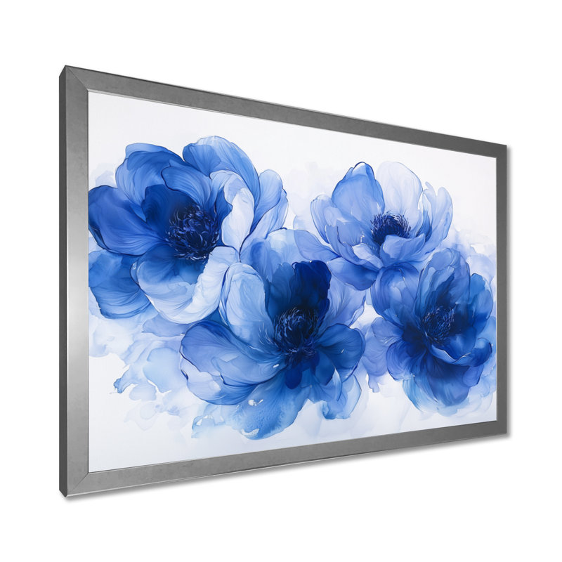 Velours bleu blanc, pivoines bleues - pivoines, art mural, H 12 po x l 20 po, Cadre simple argenté