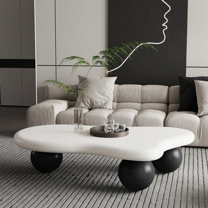 Table basse de 47 pouces en forme de nuage avec 3 pieds sphériques pour le salon, pieds blancs et pieds noirs