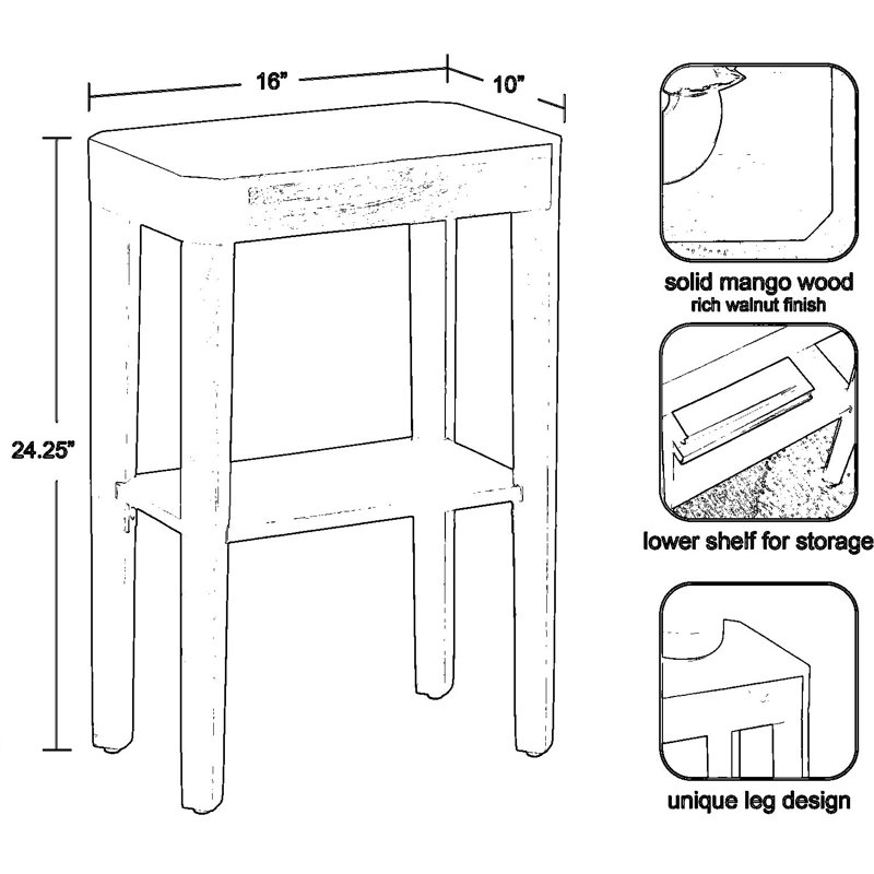Modern Two-Tier Side Table, Solid Mango Wood Nightstand Or Accent Table With Transitional Design For Living Room And Bedroom