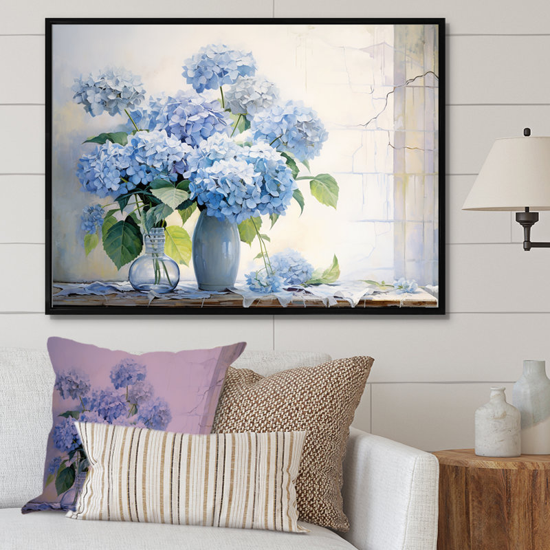 «Blue Hydrangea Farmhouse Still Life - Hydrangea», reproduction d'art sur toile, H 24 po x l 32 po x P 1 po