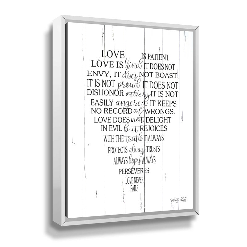 «Love is patient», art textuel, H 18 po x l 14 po x P 2 po, Cadre flottant blanc