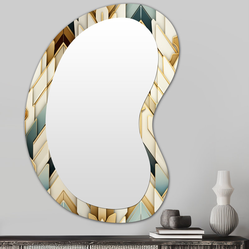 Golden And Blue Splendour Chevron Pattern - Chevron Metal Art Decor - Modern Irregular Wall Mirror, 31" x 22"