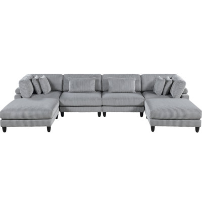 6 Modular Sectional In Gray Corduroy Design - 2 Armless Chairs, Corner Seats, Ottomans And Marvelous Pillows 6Pc For Living Room 2X & Included