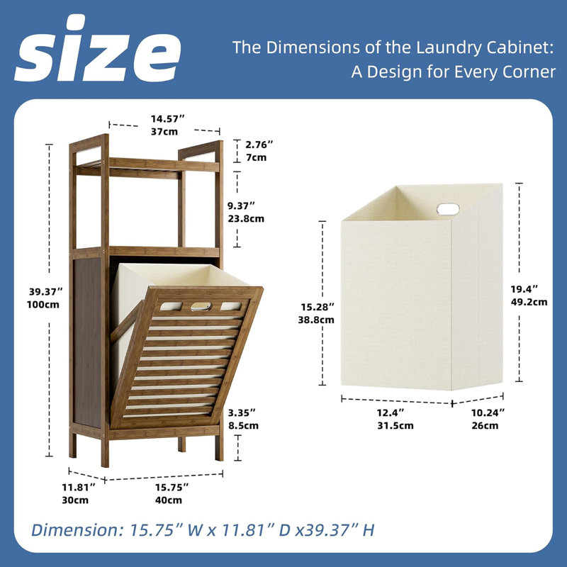 Armoire pour paniers à linge en bambou avec tablettes ouvertes 10 gallons