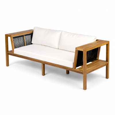 Outdoor 2-Seater Daybed Sofa Set with Solid Acacia Wood Frame, Hand-Woven Rope Panels & Water Resistant Cushions, 800 LBS Weight Capacity Patio Lounge Bench with Built-In Side Storage Shelves