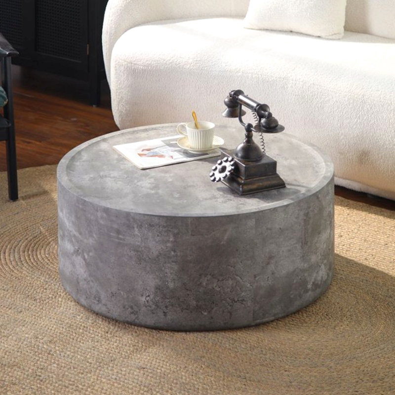 Table basse ronde de 31,5 po avec finition en faux béton pour le salon, table basse cylindrique moderne pour le salon, aucun assemblage nécessaire