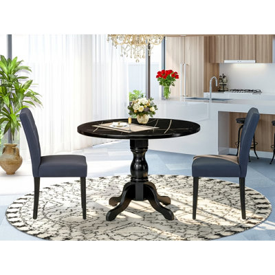 3 pc Dining Room Table Set Includes a Round Table and 2 Dark Navy Blue Polyester Fabric Dining Chairs with Stylish Back - Wire brushed Black