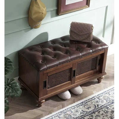 Banc de rangement traditionnel pour chaussures en bois massif avec siège capitonné et insertions en rotin