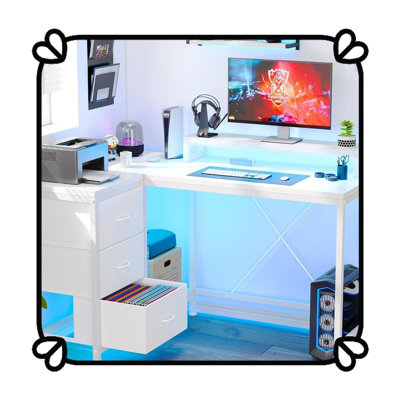 Bureau d'ordinateur ergonomique en forme de L avec 4 prises de courant, 2 ports USB, 7 lumières DEL, support amovible, tiroirs et bibliothèque