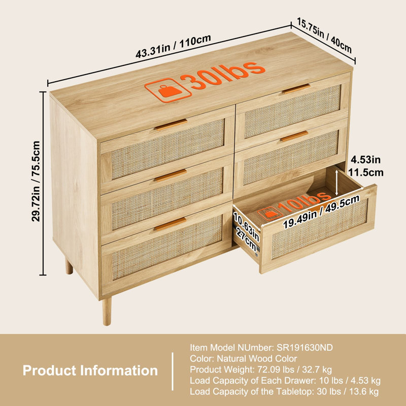 Commode 6 tiroirs en rotin naturel H 29,72 po x l 43,31 po x P 15,75 po