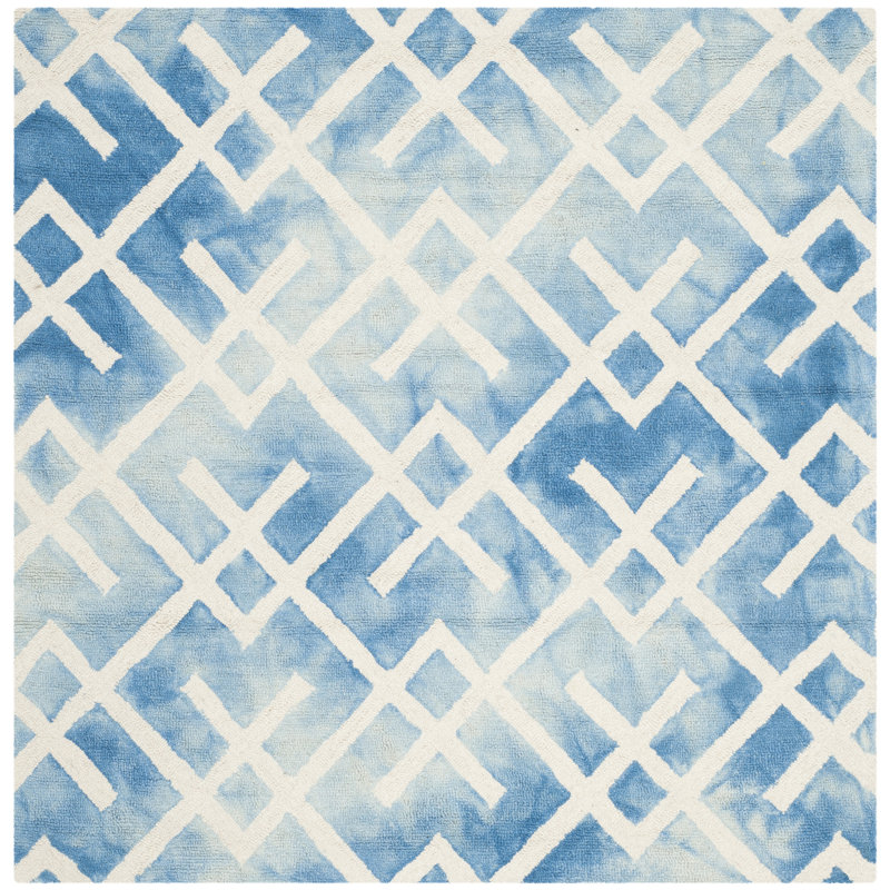 Bryauna Hand Tufted Wool/Cotton Geometric Rug in Blue/Ivory, Square 5'