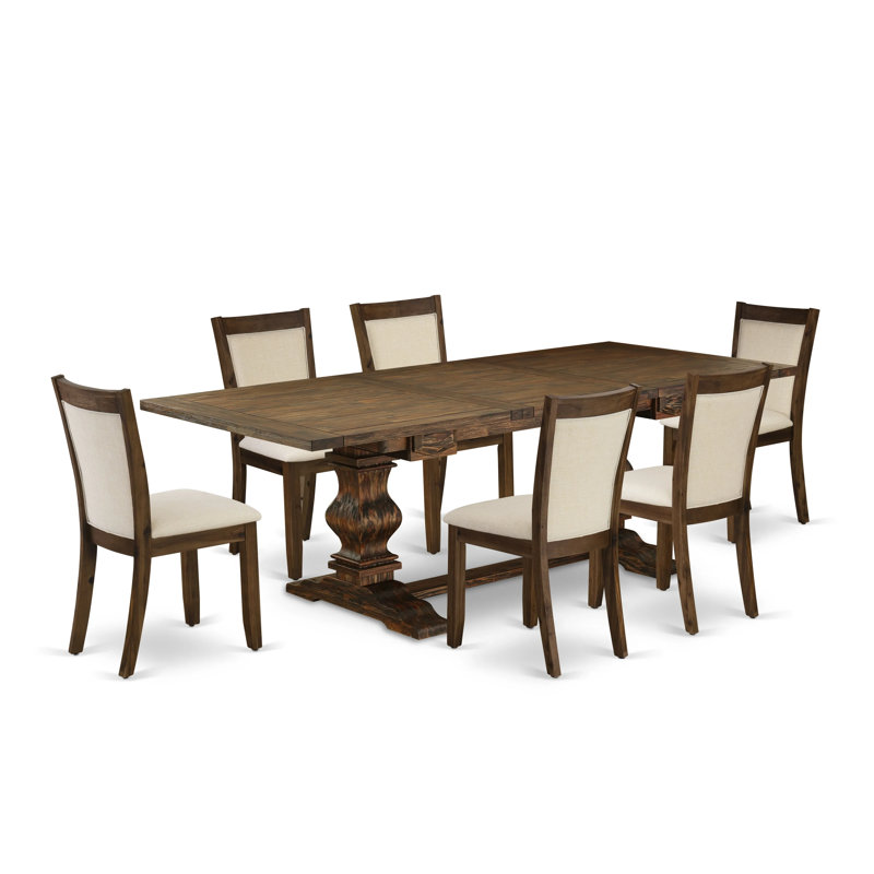 Ensemble de table de salle à manger 7 pièces composé d'une table de salle à manger rectangulaire avec rallonge amovible et 6 chaises Parson en tissu de lin beige clair, noyer antique