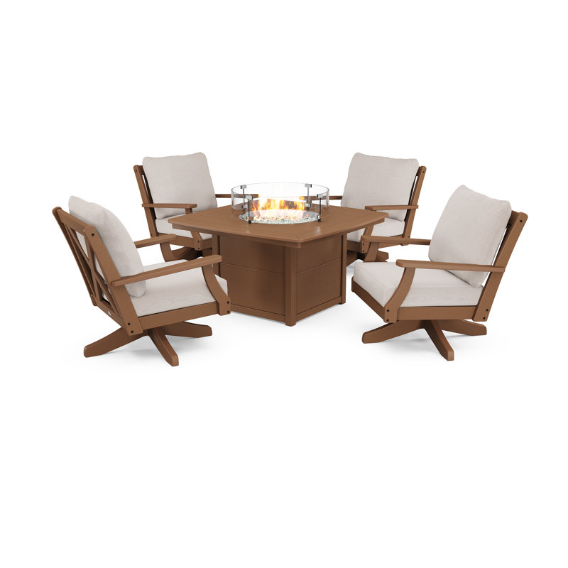Braxton 5-Piece Deep Seating Swivel Conversation Set with Fire Pit Table, Teak, Navy