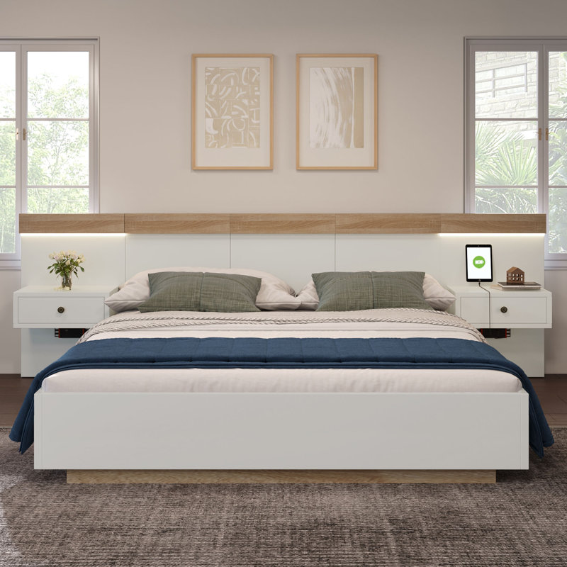 Bed Set With 2 Led Nightstands & Usb Port, European Double (140 x 200 cm)