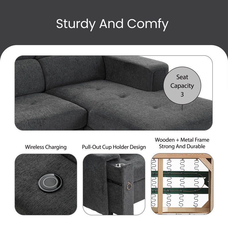 Gueda Upholstered L-Shaped Sectional Right Hand Facing, Gray Polyester Blend