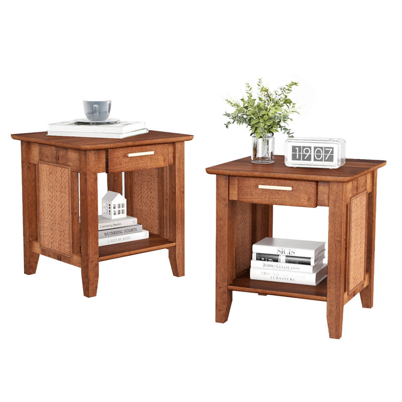 Red Barrel Studio® Boho Style Nightstand 3-tier Sofa Side End Table W/ Drawer & Shelf Walnut, Set of 2
