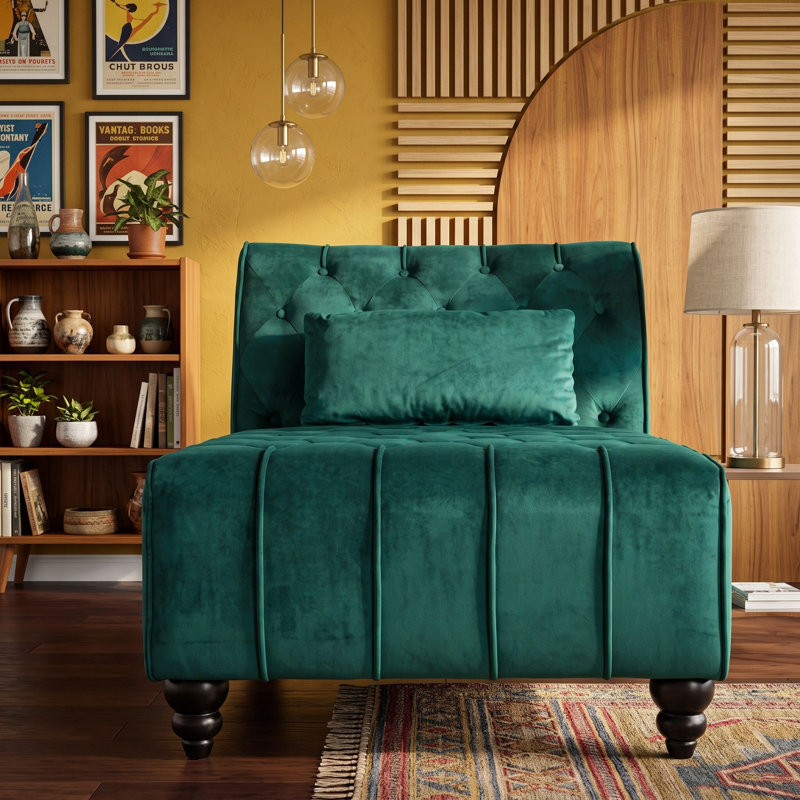 Chaise longue rembourrée en velours avec pieds en bois